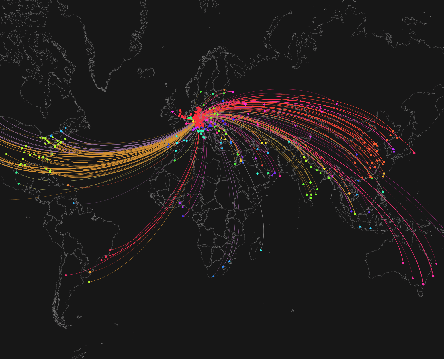 Interactive world map visualizing live web server access connections